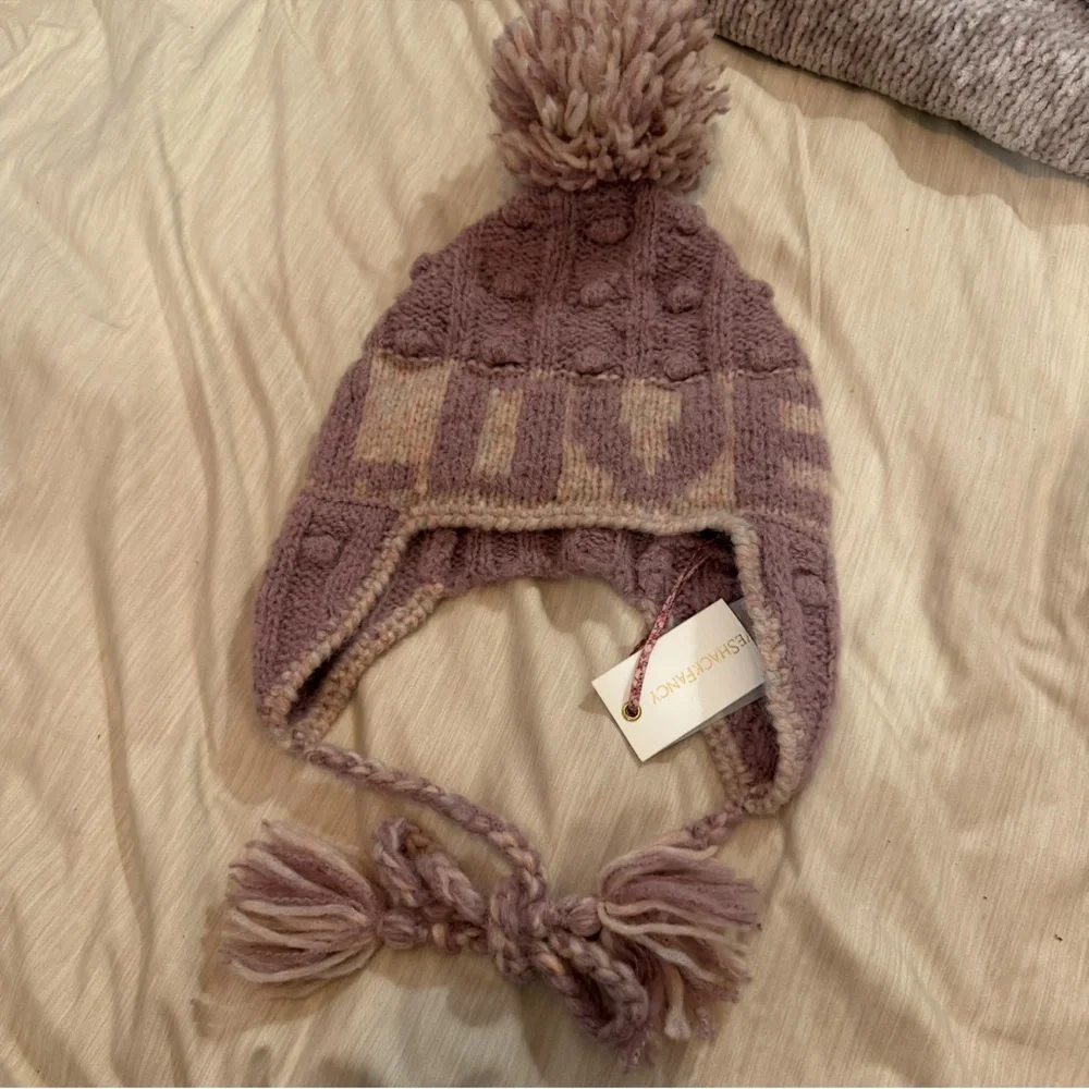 LoveShackFancy Signature LOVE Wool Winter Hat Beanie, NEW